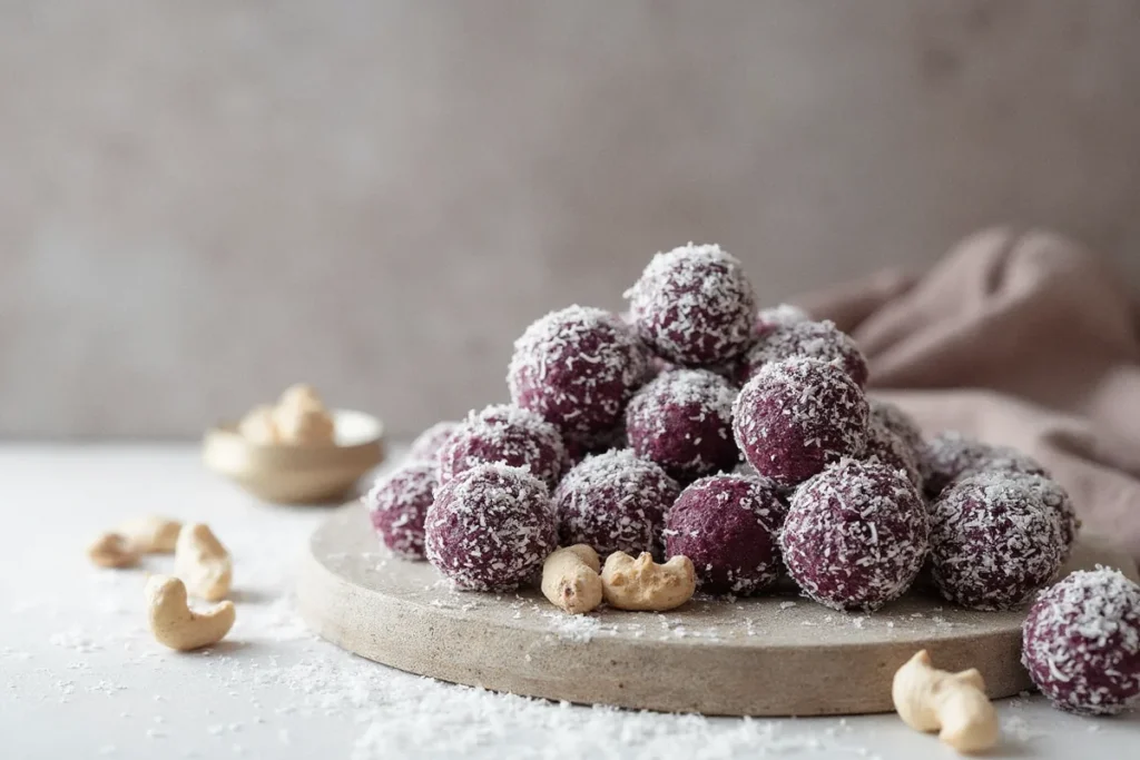 Dunkelviolette Açaí Energy Balls mit feinen weißen Kokosflocken umhüllt auf einer dunklen Schieferplatte angerichtet.