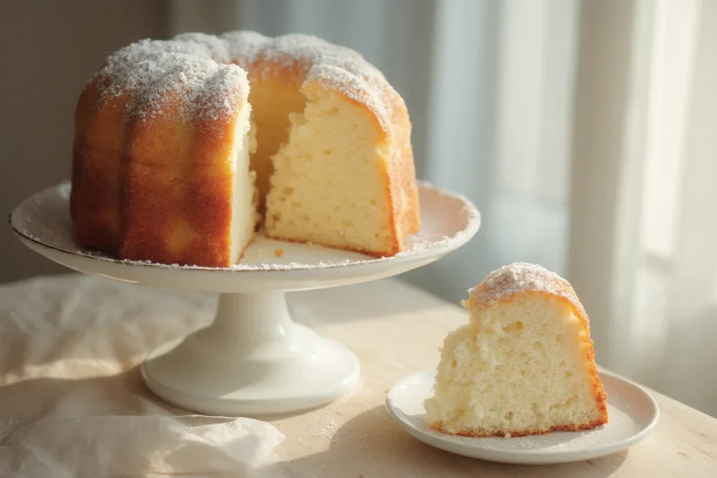 Luftiger weißer Angel Cake auf einer Porzellan-Kuchenplatte mit Puderzucker bestäubt