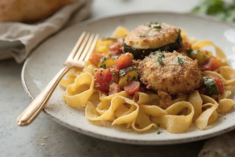 Knusprig panierte Auberginenschnitzel auf provenzalischem Gemüse und Bandnudeln, serviert auf einem dunklen Teller.
