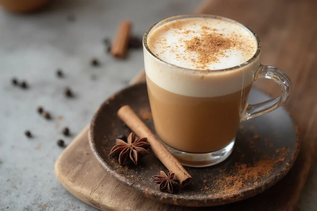 Heißer Chai Latte im doppelwandigen Teeglas mit cremigem Milchschaum und Zimtbestäubung, daneben Sternanis und Zimtstange.