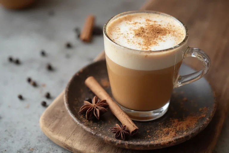Heißer Chai Latte im doppelwandigen Teeglas mit cremigem Milchschaum und Zimtbestäubung, daneben Sternanis und Zimtstange.