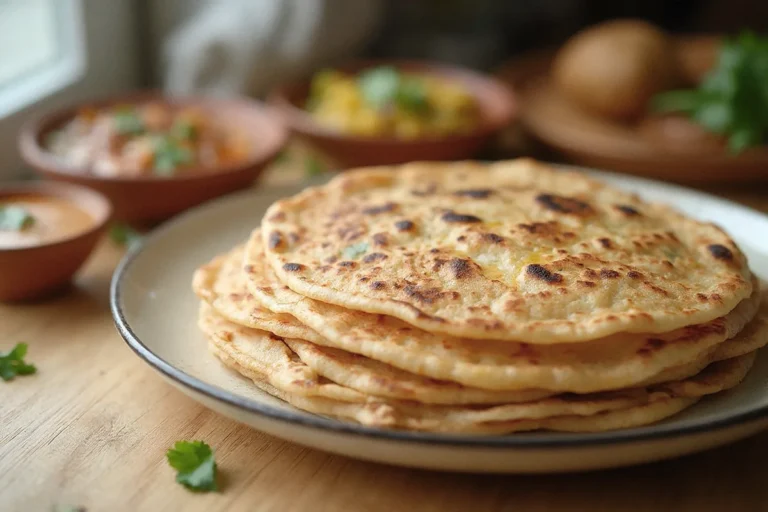 Frisch gebackene indische Chapati-Fladenbrote, goldbraun gestapelt auf einem rustikalen Teller neben indischem Dal