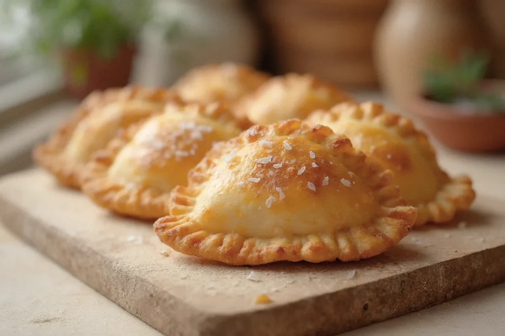 Frisch gebackene, goldbraun glänzende Empanadas aus selbstgemachtem Teig mit gerilltem Rand auf einer dunklen Schieferplatte