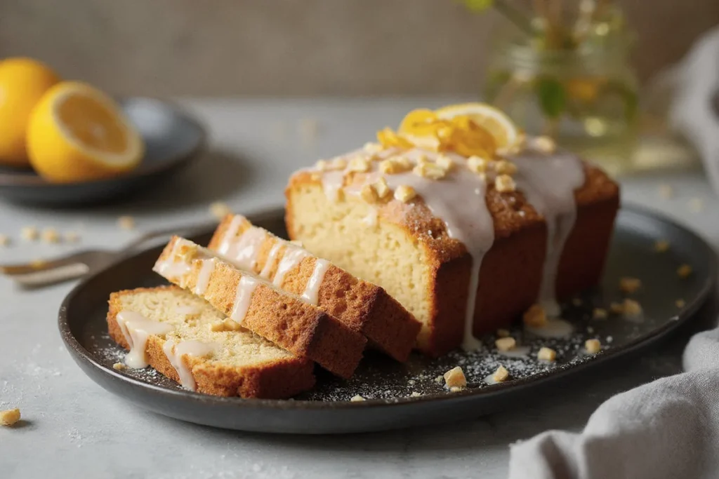 Saftiger Erdmandelkuchen mit Zitronenguss in Scheiben geschnitten auf einer Servierplatte