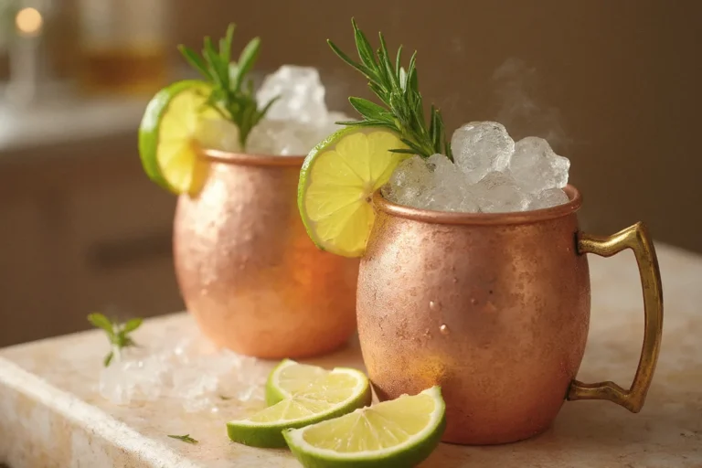 Zwei eisgekühlte Ginger-Gin-Mule Cocktails in Kupferbechern mit Crushed Ice, frischen Limettenscheiben und Rosmarinzweigen