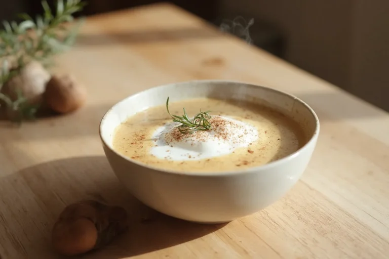 Cremiger Maronen-Cappuccino in einer dunklen Schale serviert mit samtiger weißer Milchschaumhaube und frischem Majoran.