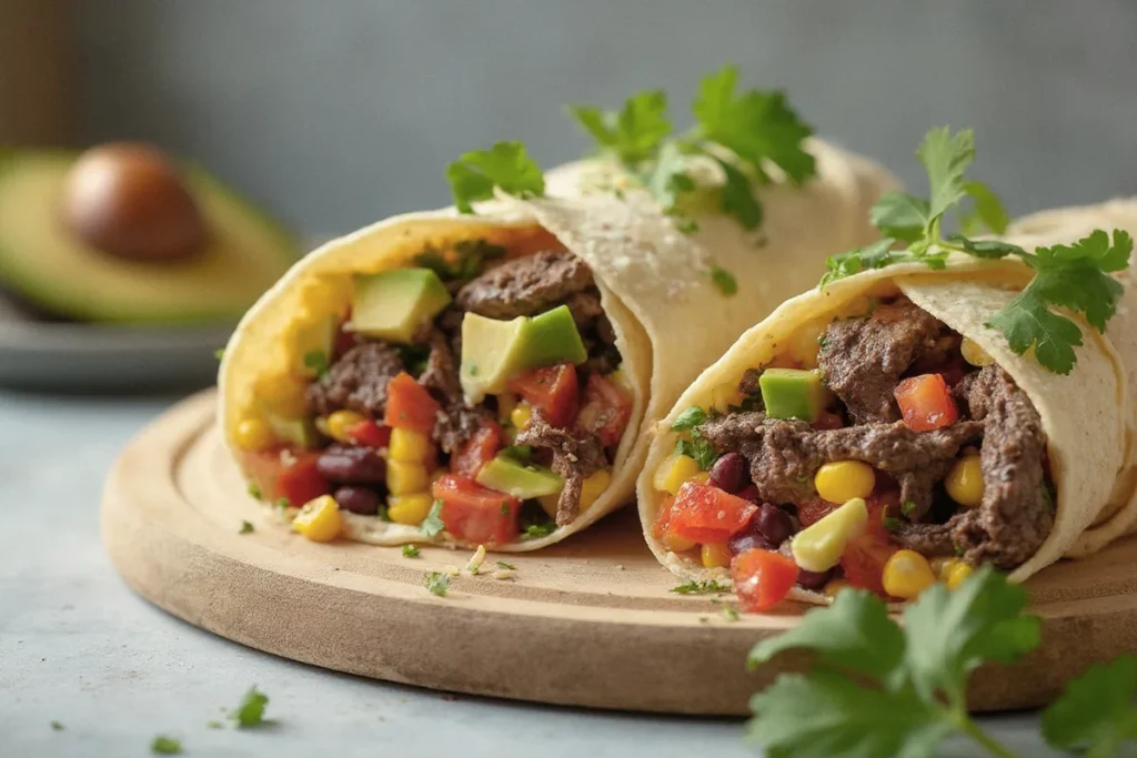 Halbierter mexikanischer Steak-Wrap mit gebratenen Fleischstreifen, Avocado, Kidneybohnen und Mais auf einer Schieferplatte angerichtet.