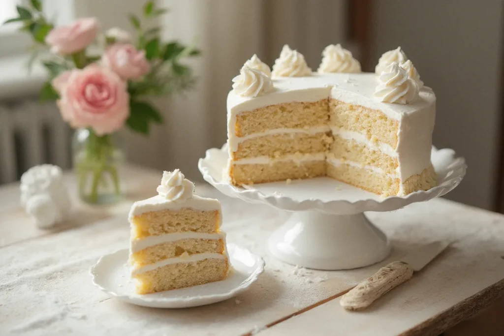 Mehrstöckiger Milchmädchenkuchen mit feinen Teigschichten und weißer Frischkäse-Sahne-Creme auf einer Tortenplatte