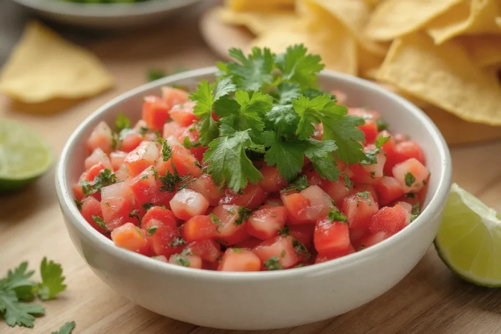 Frisches Pico de Gallo in einer dunklen Keramikschale mit gewürfelten Tomaten, Zwiebeln, frischem Koriander und Limettensaft