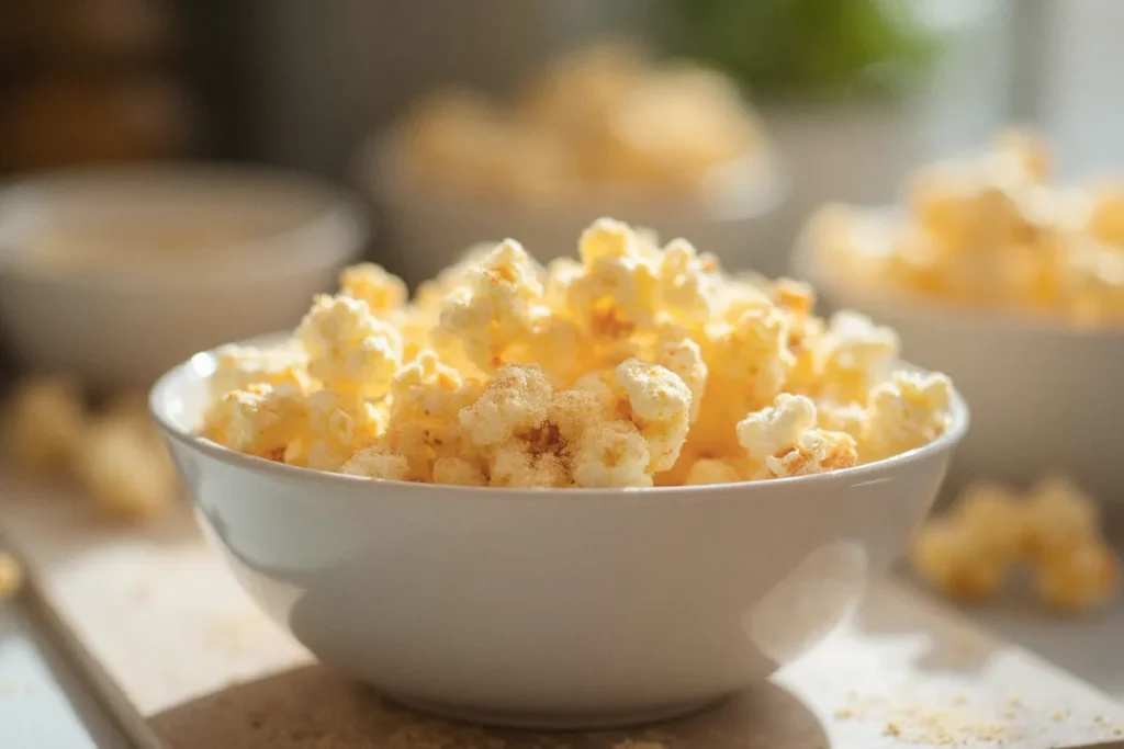 Frisches, knuspriges Popcorn mit feinem Zucker serviert in einer dunklen Keramikschale.