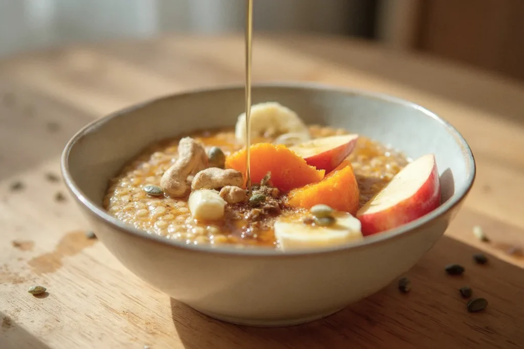Cremiger Porridge in einer Keramikschale, garniert mit frischen Apfelscheiben, Orangenfilets, Bananen, Cashews und Kürbiskernen.
