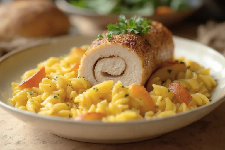 Geschmorte Putenkeule in Scheiben mit Apfelspalten und gelber Currysoße auf glutenfreien Fusilli, bestreut mit frischer Petersilie in einer dunklen Schale.