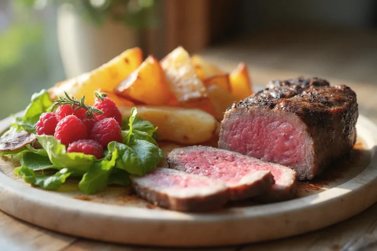 Rosa gebratenes Rinderfilet mit knusprigen Rosmarin-Ofenkartoffeln und frischem Himbeer-Feldsalat auf dunklem Teller serviert.