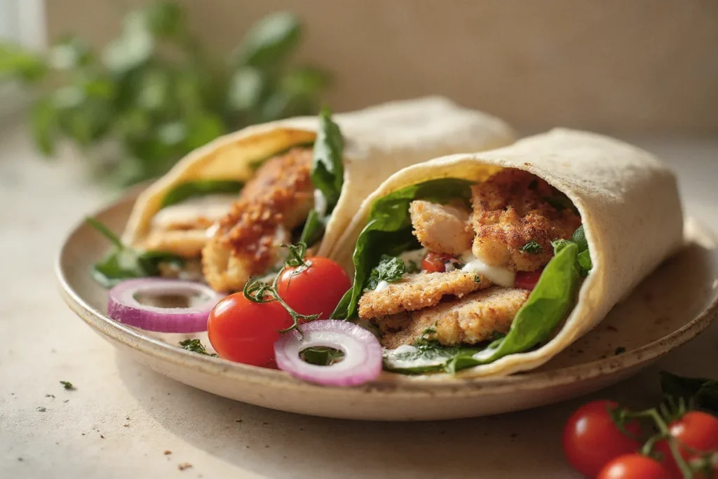 Halbierte Schnitzel-Wraps mit gebratenem Geflügelfleisch, Kirschtomaten, Rucola und Kräuter-Joghurtsauce auf einem dunklen Teller.