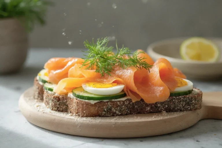 Dänisches Smörrebröd auf Schwarzbrot belegt mit Räucherlachs, hartgekochten Eierscheiben, Gurkenscheiben und frischem Dill auf einer Schieferplatte