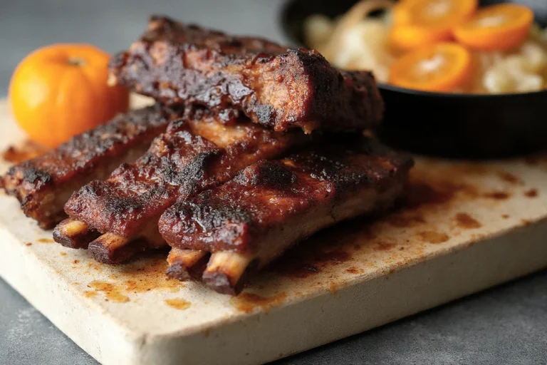 Kross glasierte Spareribs vom Grill neben einer Gusseisenpfanne mit Sauerkraut, Zwiebeln und Kumquatscheiben auf einer Schieferplatte