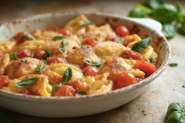 Überbackener Tortelliniauflauf Caprese in einer Keramikform mit geschmolzenem Mozzarella, bunten Kirschtomaten und frischem Basilikum