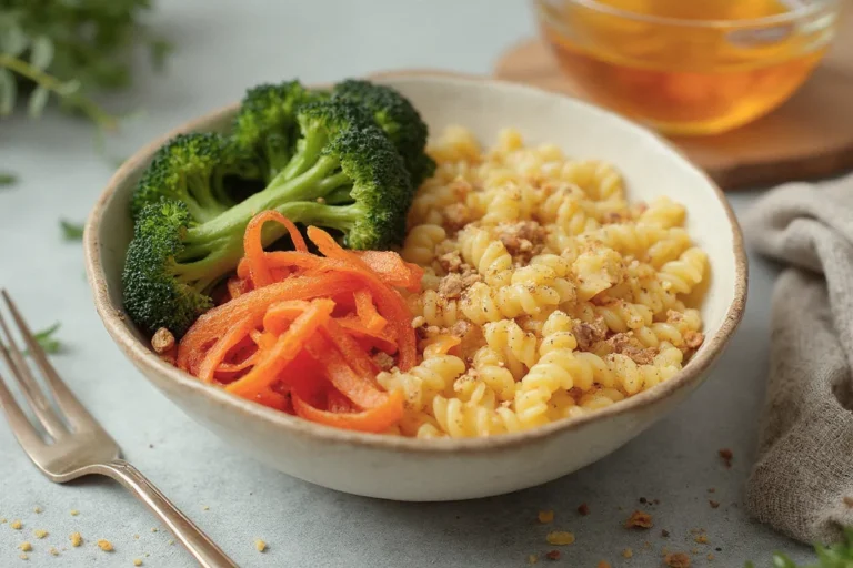 Bunte vegane Powerbowl mit Hülsenfrucht-Risoni, Brokkoli, Möhrenstreifen, Paprika und gerösteten Haselnüssen in einer dunklen Schale angerichtet.
