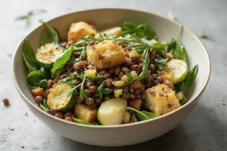 Veganer Linsensalat mit gebratener Zucchini, Birnenwürfeln, Spinat und knusprigen Brotwürfeln in einer dunklen Schale