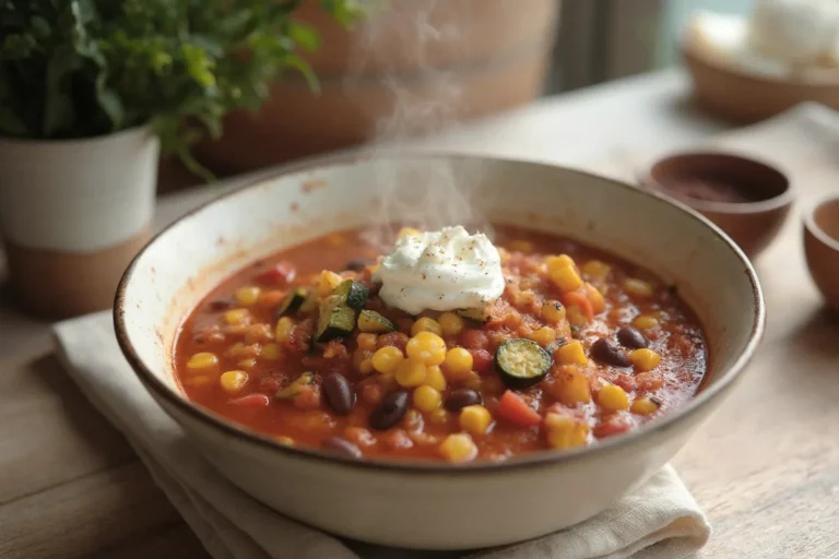 Dampfende Schale vegetarisches Chili sin Carne mit Sojaschnetzeln, Kidneybohnen, Paprika, Mais und einem Klecks Crème fraîche.