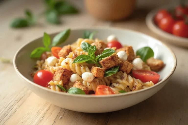 Vollkorn-Nudelsalat mit gebratenem Räuchertofu, Kirschtomaten, Mini-Mozzarella und frischem Basilikum in einer dunklen Schale