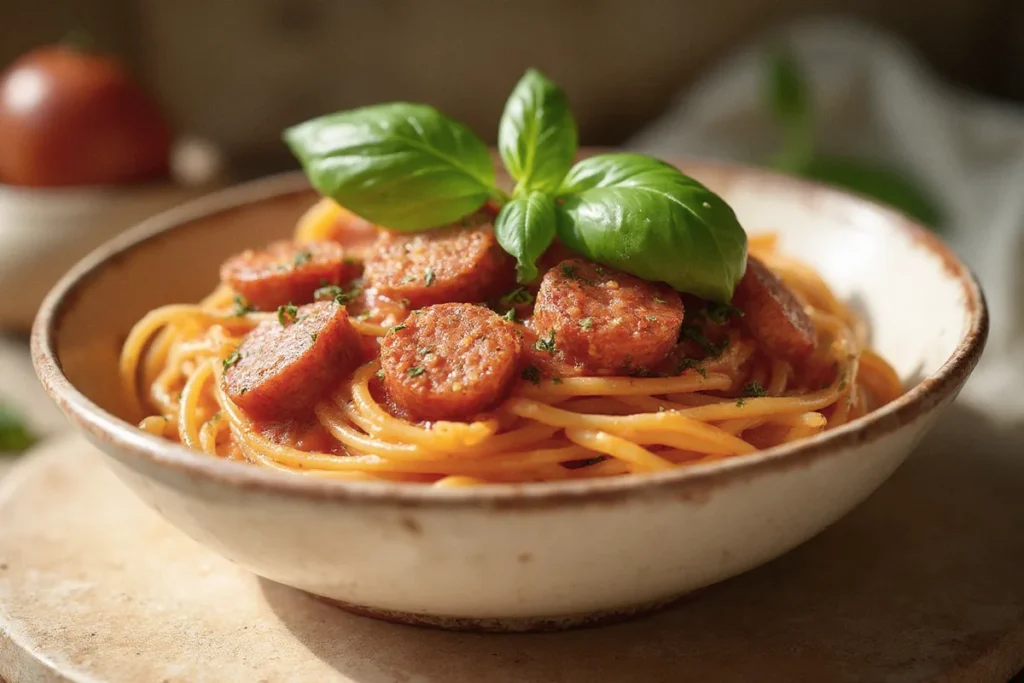 Fertig servierte Würstchen-Spaghetti in einem tiefen Teller mit warmer Tomatensauce und Basilikum garniert.