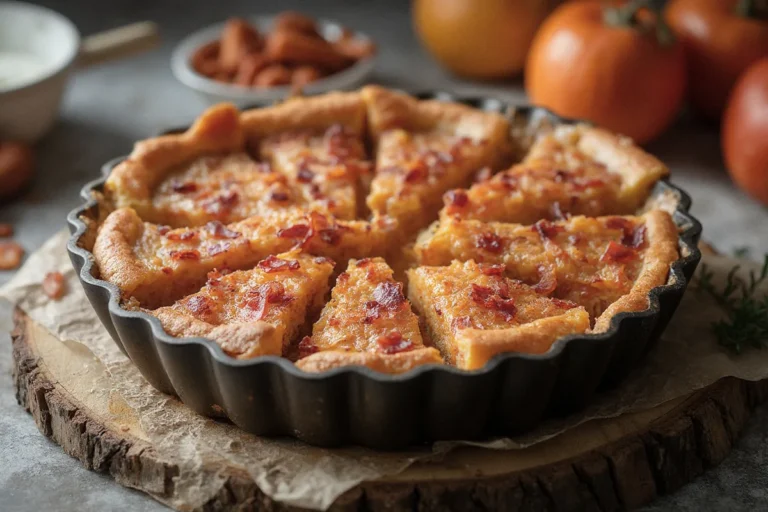 Klassischer Zwiebelkuchen mit geräuchertem Speck und saurer Sahne, frisch gebacken in einer Tarteform mit leicht gebräunter Kruste.